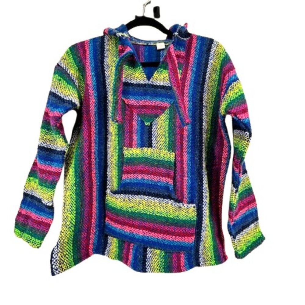 Mexican Baja Hoodie Size Medium Rainbow Multicolored Striped Pullover Drug Rug